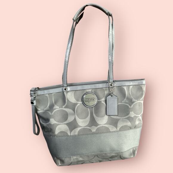 COACH Silver Gray Blue Monogram Print Canvas Shoulder Bag Y2K Tote 13x10 F17433 - Picture 1 of 6